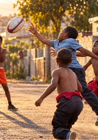 Children reaching for a rugby ball in a dusty street