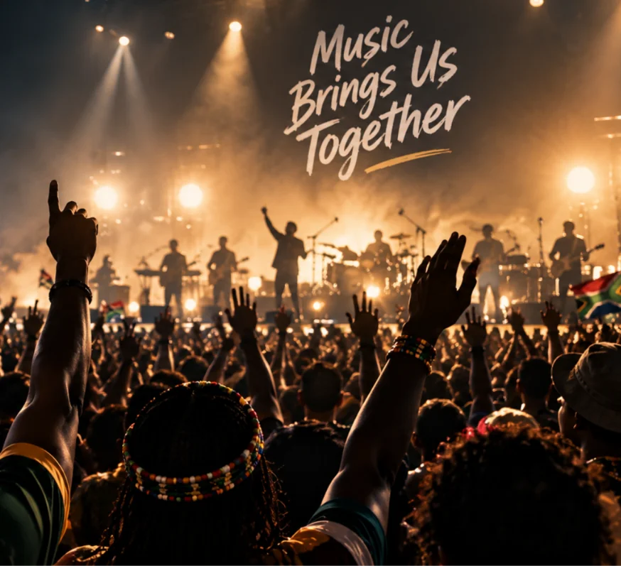 A concert crowd with hands raised under stage lights